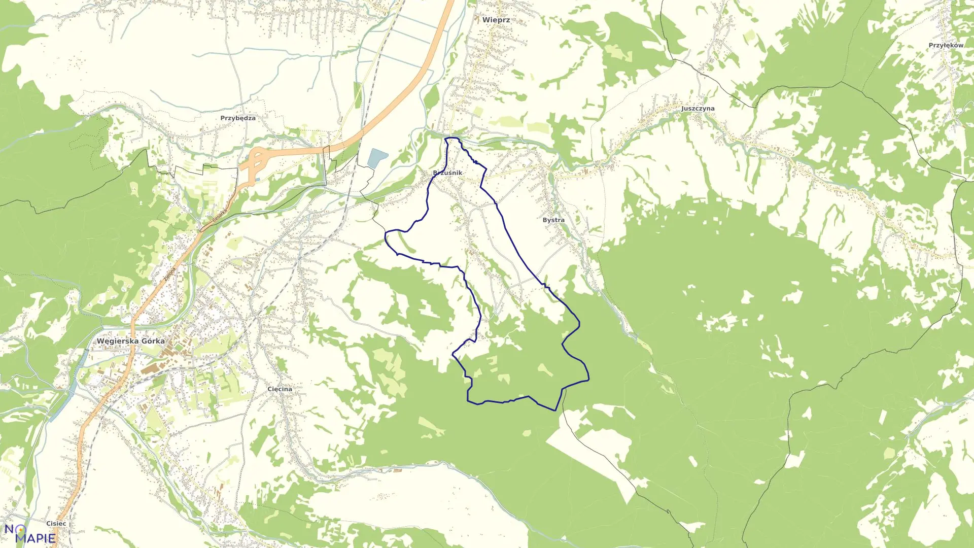 Mapa obrębu Brzuśnik w gminie Radziechowy-Wieprz