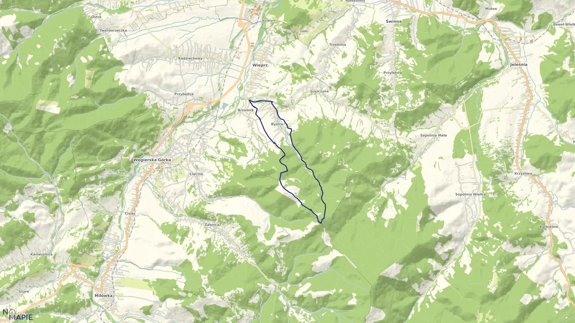 Mapa obrębu Bystra w gminie Radziechowy-Wieprz