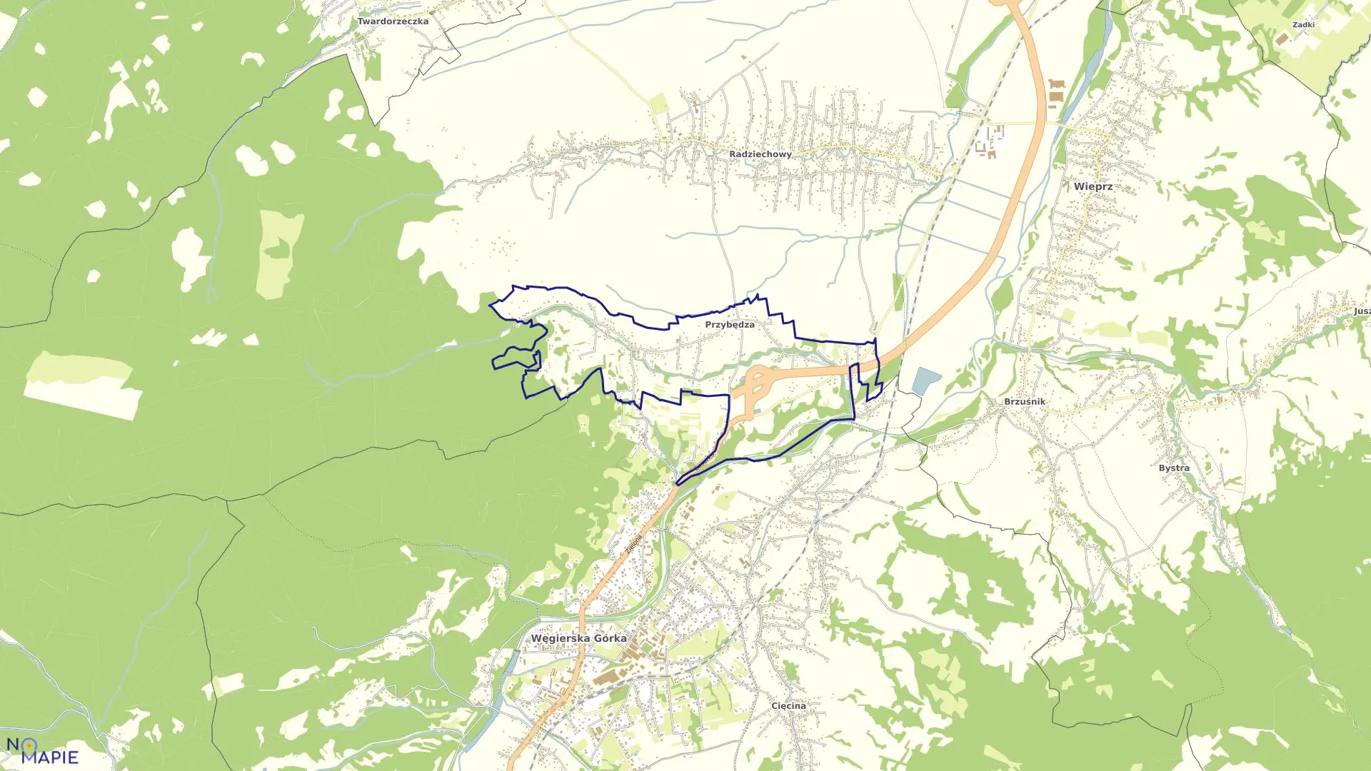 Mapa obrębu Przybędza w gminie Radziechowy-Wieprz