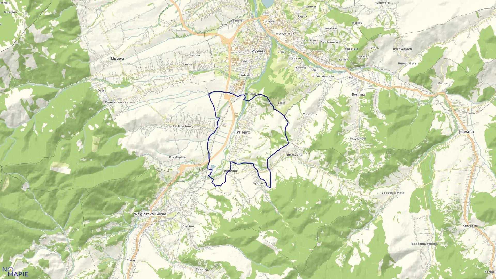 Mapa obrębu Wieprz w gminie Radziechowy-Wieprz